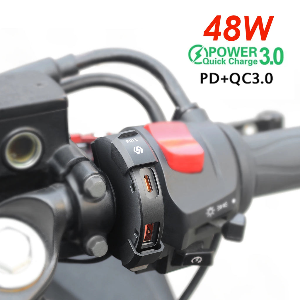 Carregador USB para Mota 48W QC3.0 Impermeável com Suporte de Guiador