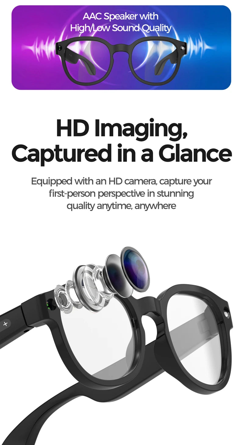 Óculos Inteligentes com Tradução IA — Câmara 8MP HD, Gravação 4K, Bluetooth e Música