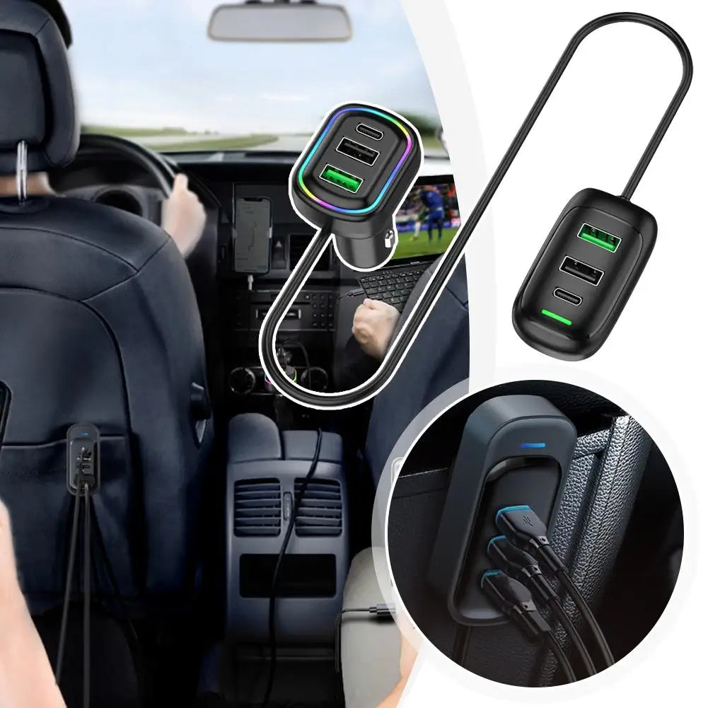 Carregador de Carro Multiportas PD com Cabo — Carregamento Super Rápido