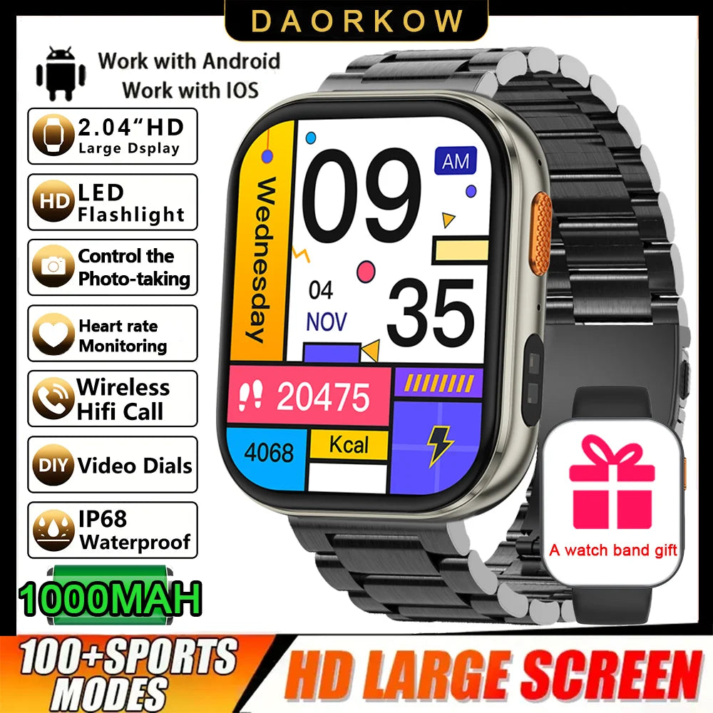 Smartwatch 2026 AMOLED 2.04'' — 1000mAh, 100+ Modos Desportivos, Chamadas Bluetooth e 3ATM