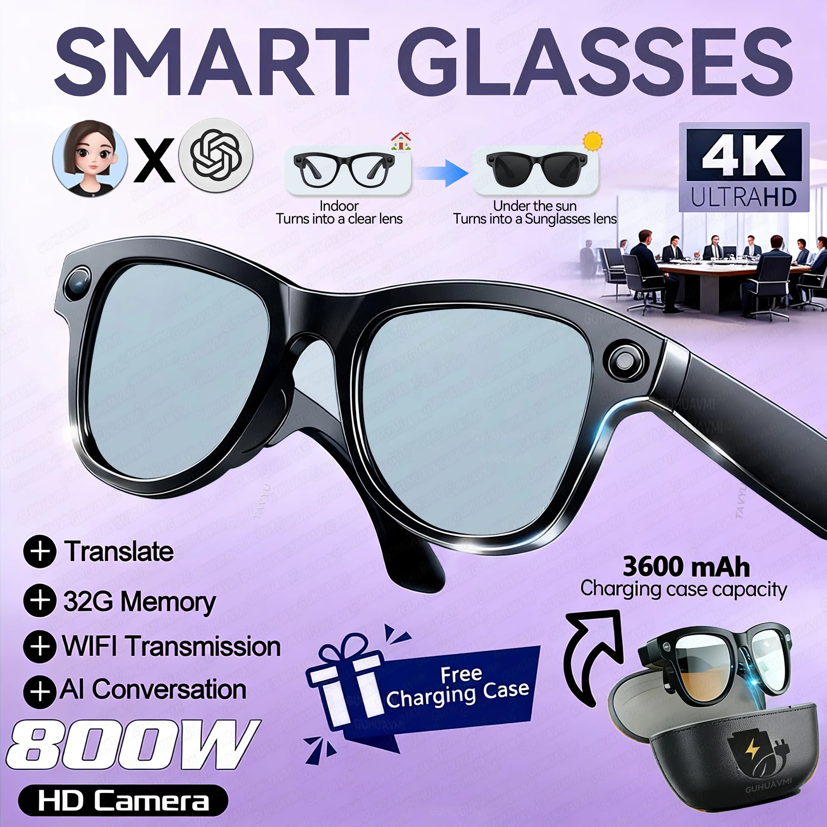 Oculos Inteligentes IA 2026 com Câmara 5MP, Tradução em Tempo Real e Power Bank 3600mAh