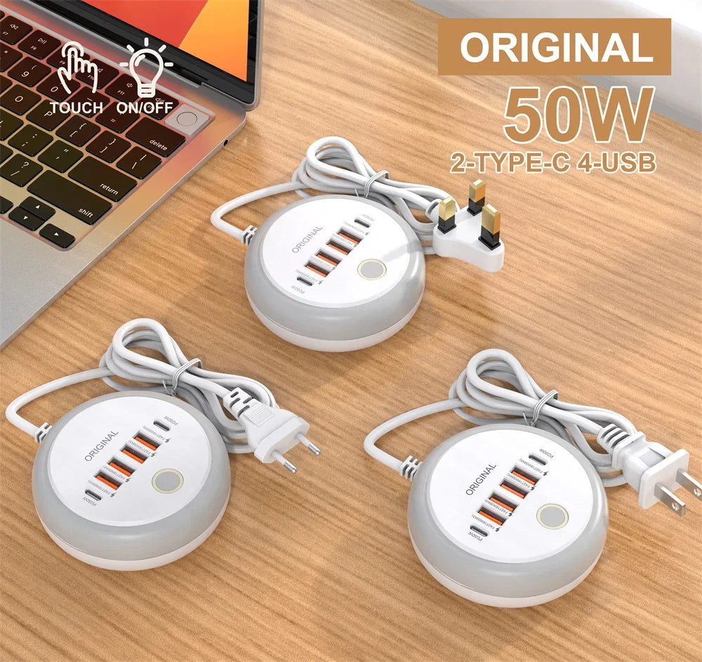 Régua de Tomadas 50W com 4 USB-A + 2 USB-C e Luz Noturna