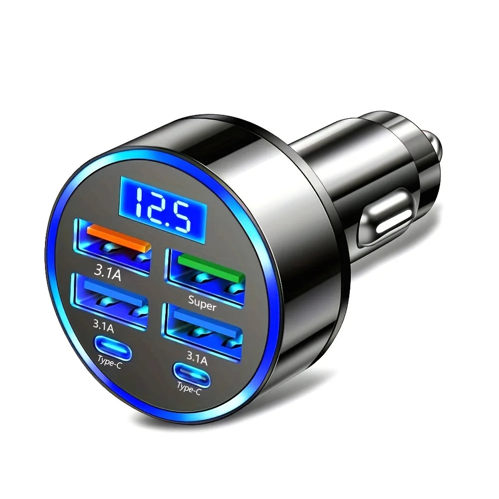Adaptador de Carro 6 em 1 com Display Digital e Carregamento Rápido 3.1A
