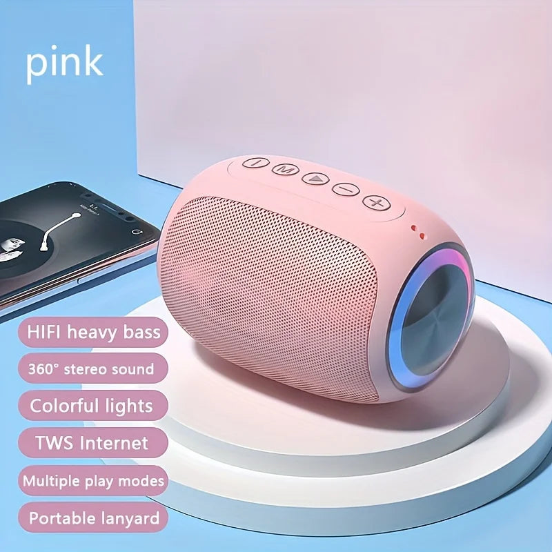 Coluna Bluetooth Portátil — Som Excelente, Design Rosa e Iluminação LED Colorida