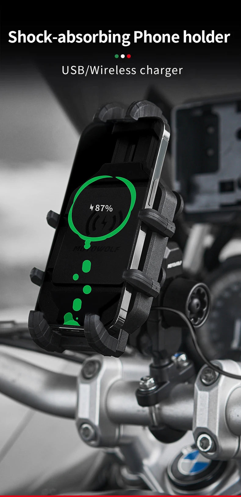 Suporte de Telefónico para Mota com Carregamento Sem Fios QC3.0 e GPS