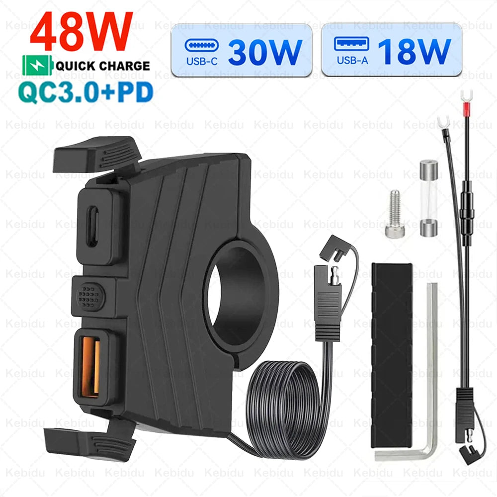 Carregador USB para Mota 48W QC3.0 Impermeável com Suporte de Guiador