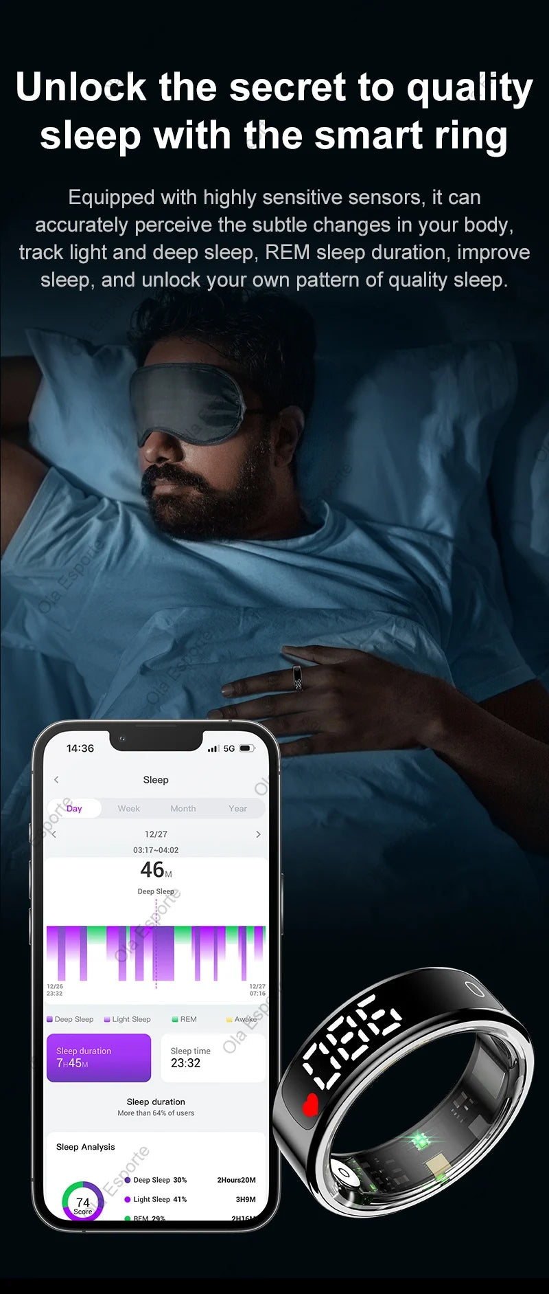 Smart Ring 2025 com Ecrã Touch — Carregamento Sem Fios, Gestor de Saúde e 5ATM para Homem e Mulher