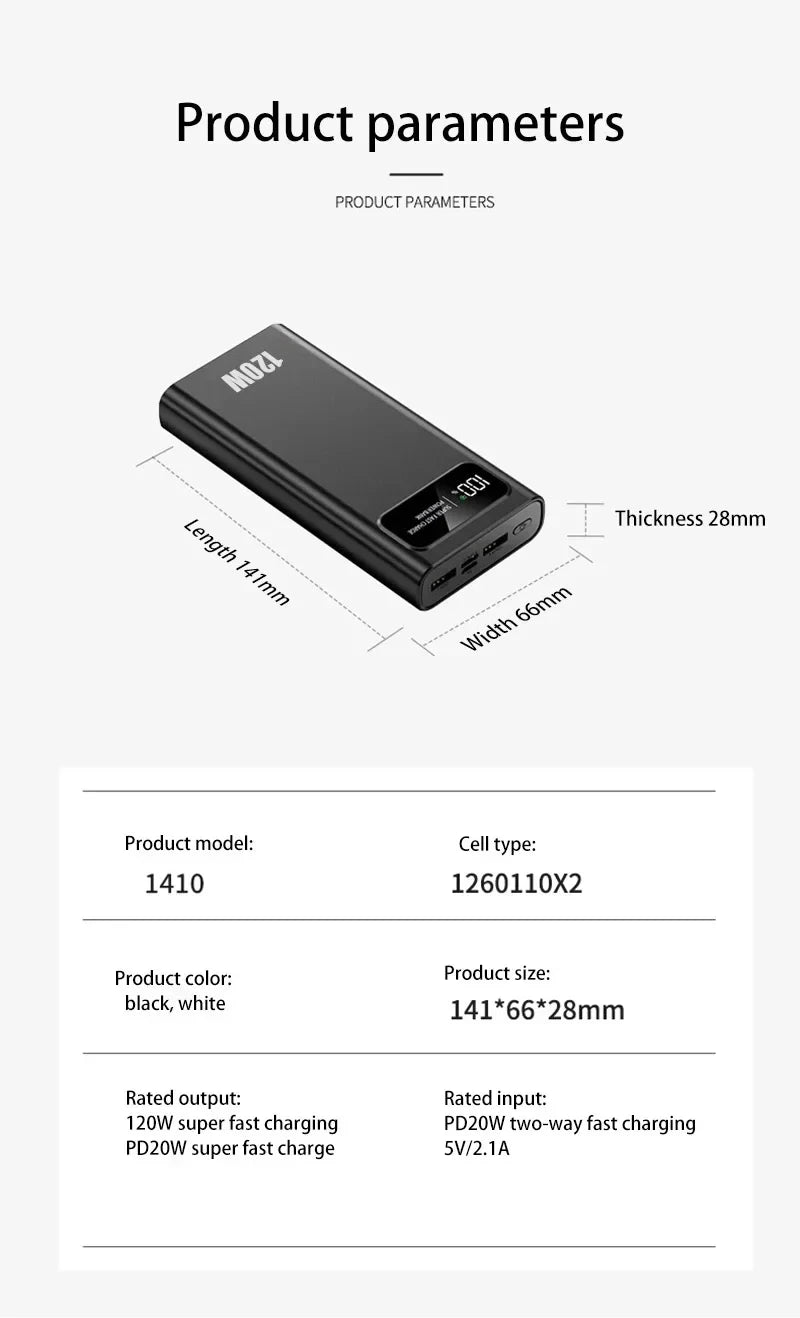Power Bank Lenovo 120W Alta Capacidade com Display Digital e 4 Interfaces