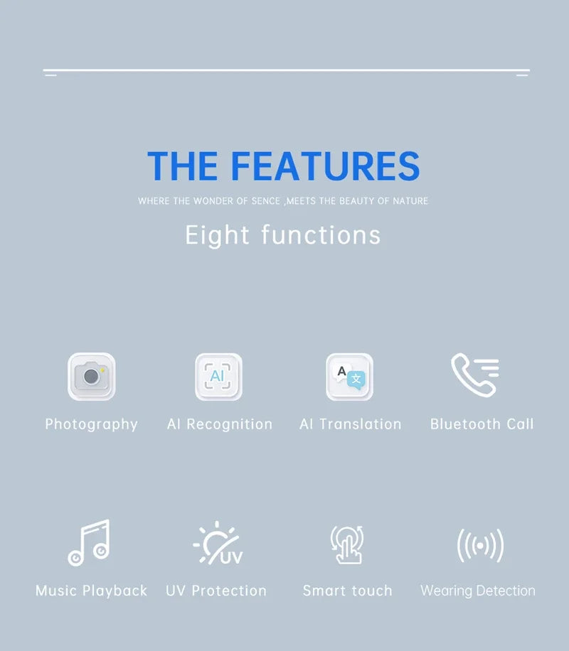 Óculos Inteligentes com Tradução IA — Câmara 8MP HD, Gravação 4K, Bluetooth e Música