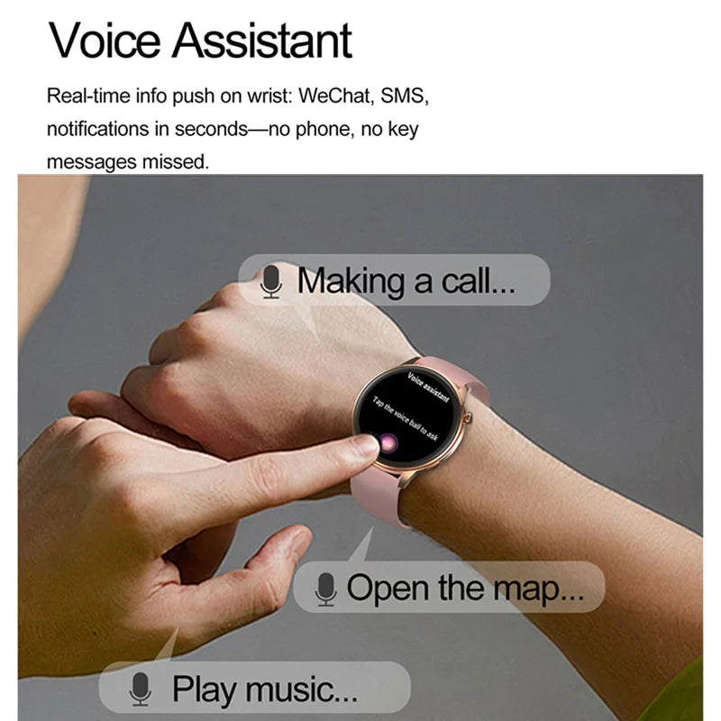 Smartwatch Feminino Elegante — Rosa e Dourado, Saúde Completa e Notificações Inteligentes
