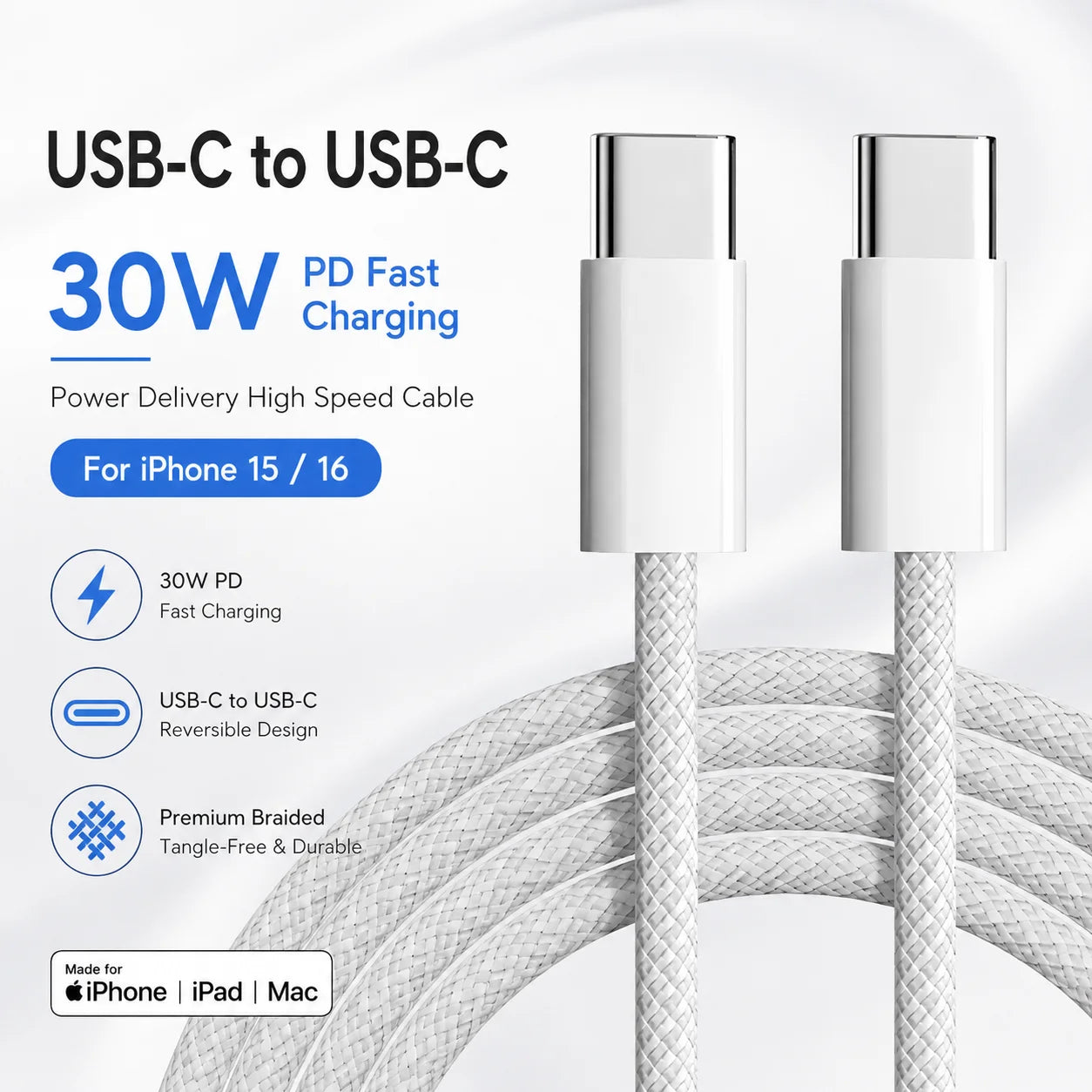 Cabo USB-C para USB-C 100W PD para iPhone 15, 16 e 17 — Nylon Trançado 1m/1.5m/2m