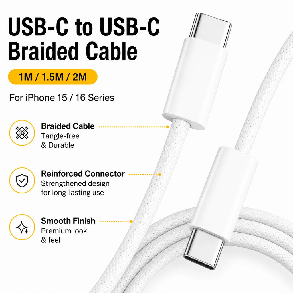Cabo USB-C para USB-C 100W PD para iPhone 15, 16 e 17 — Nylon Trançado 1m/1.5m/2m