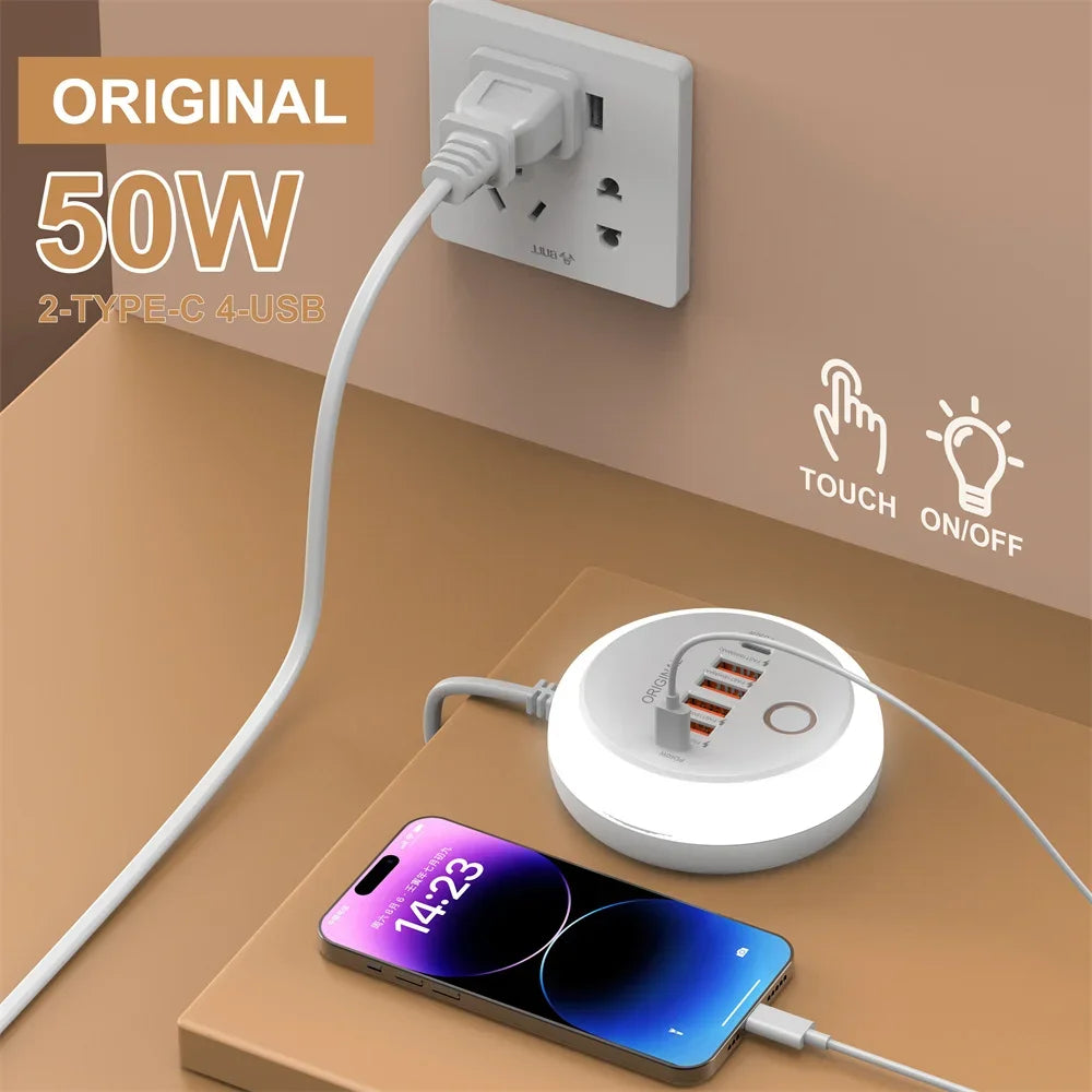 Régua de Tomadas 50W com 4 USB-A + 2 USB-C e Luz Noturna