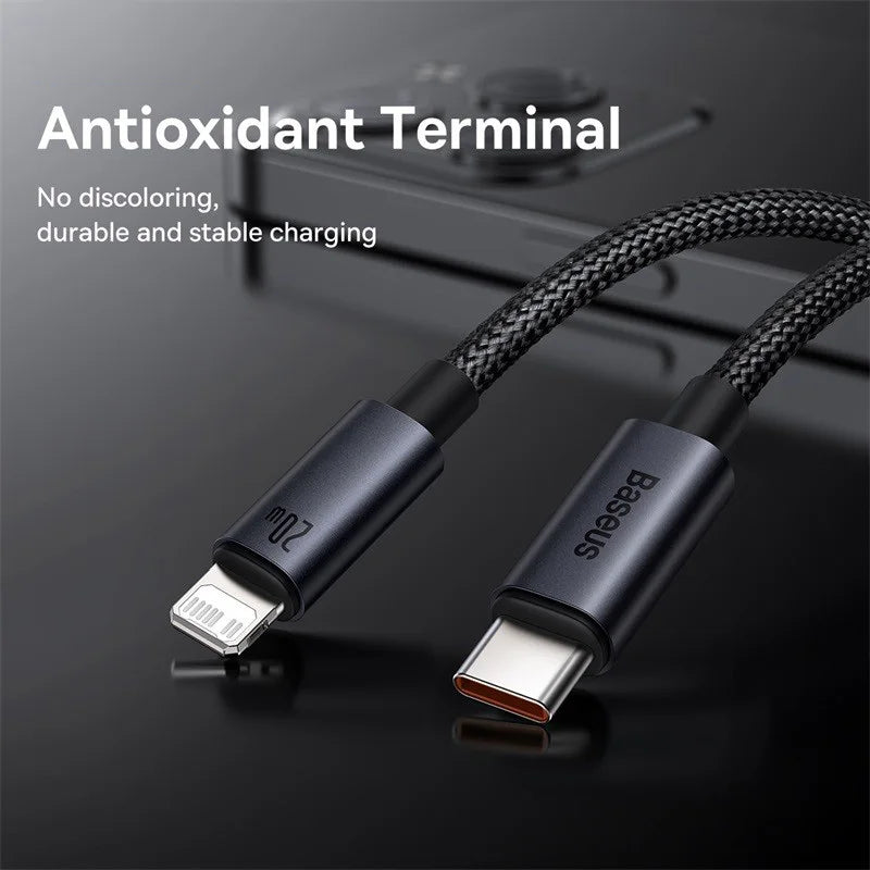 Cabo Baseus USB-C para Lightning iPhone 20W PD — Nylon Trançado 1m/2m/3m