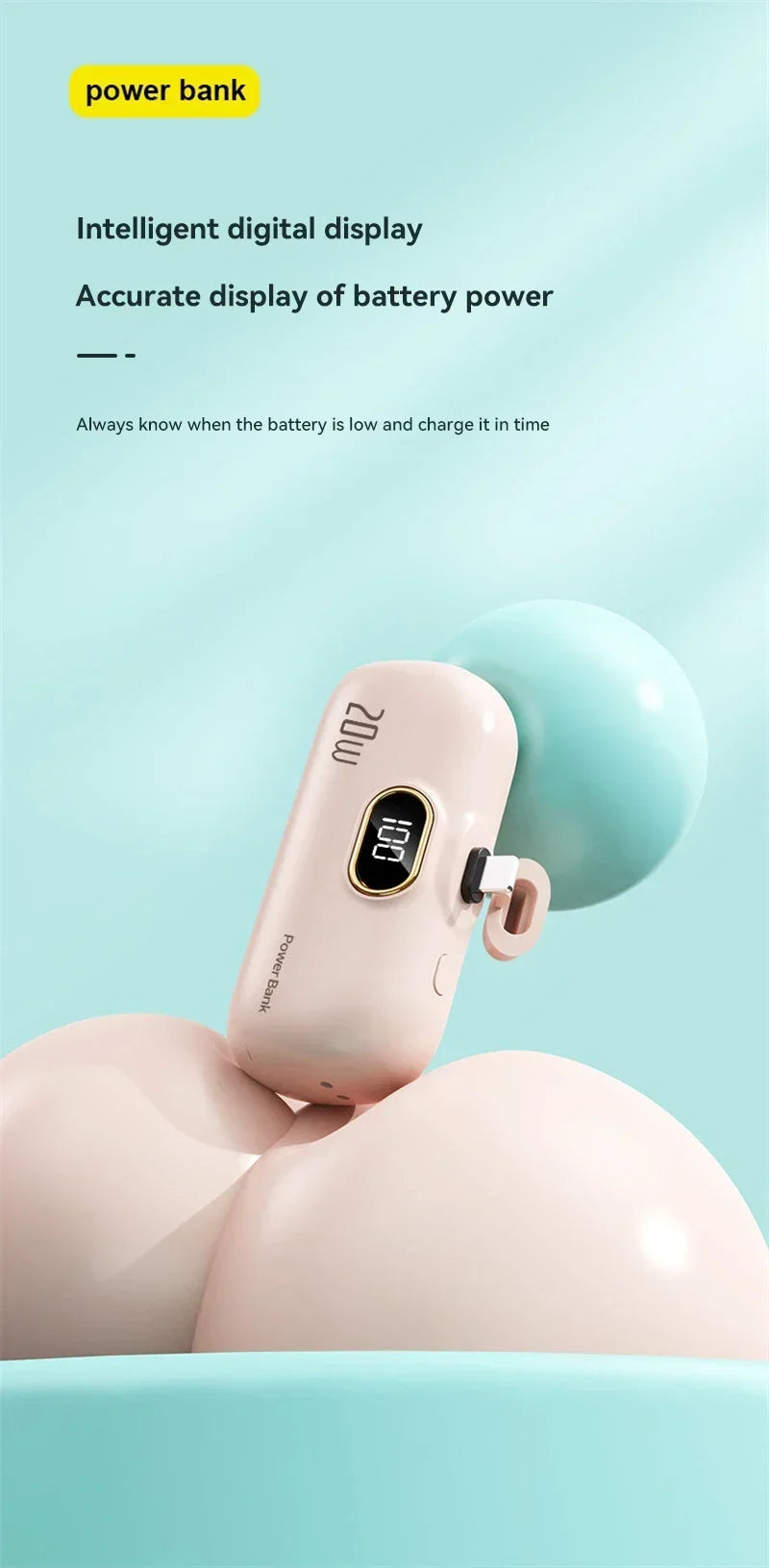 Power Bank Cápsula Mini 10000mAh 20W com Cabos Integrados