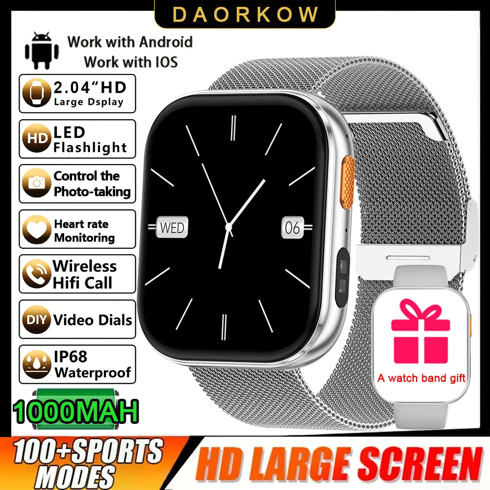 Smartwatch 2026 AMOLED 2.04'' — 1000mAh, 100+ Modos Desportivos, Chamadas Bluetooth e 3ATM