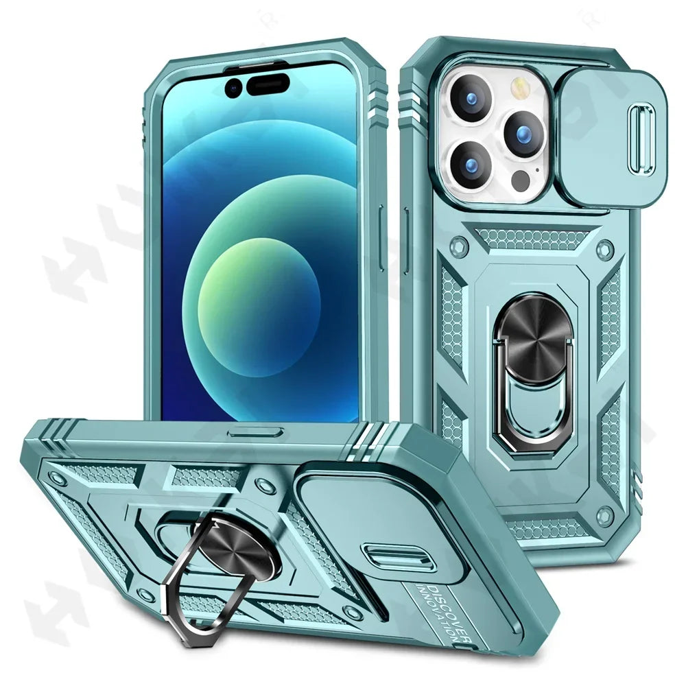 Capa com Tampa de Câmara Deslizante e Suporte 360º para iPhone