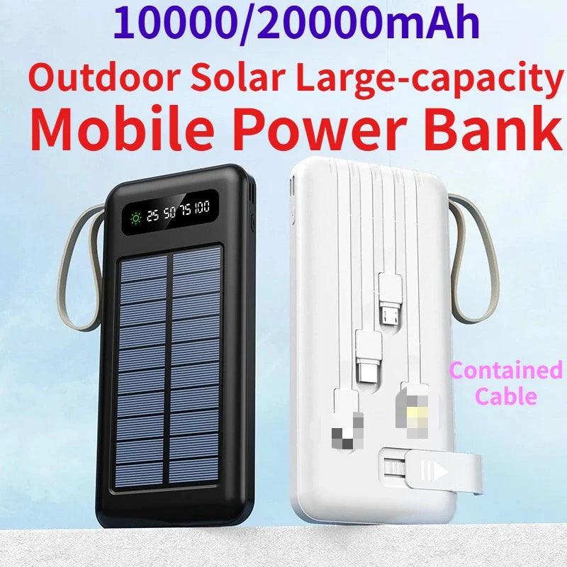Power Bank Solar Outdoor 10000/20000mAh com Cabo Integrado e Carregamento Sem Fios