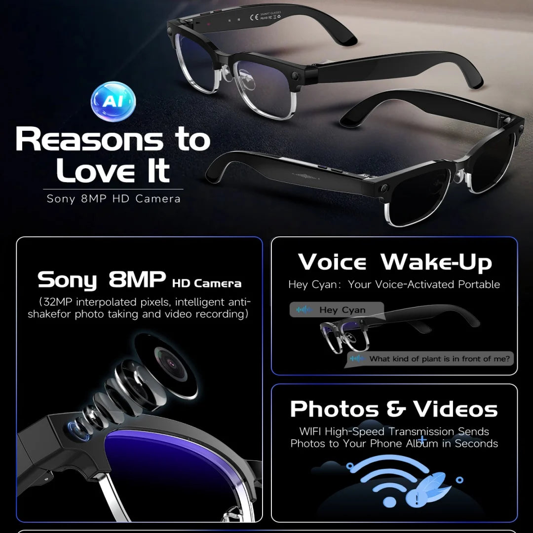 Óculos Inteligentes IA 4K — Câmara 8MP, Gravação de Vídeo, Reconhecimento, Tradução, Bluetooth e Óculos Fotocromáticos À Prova de Água