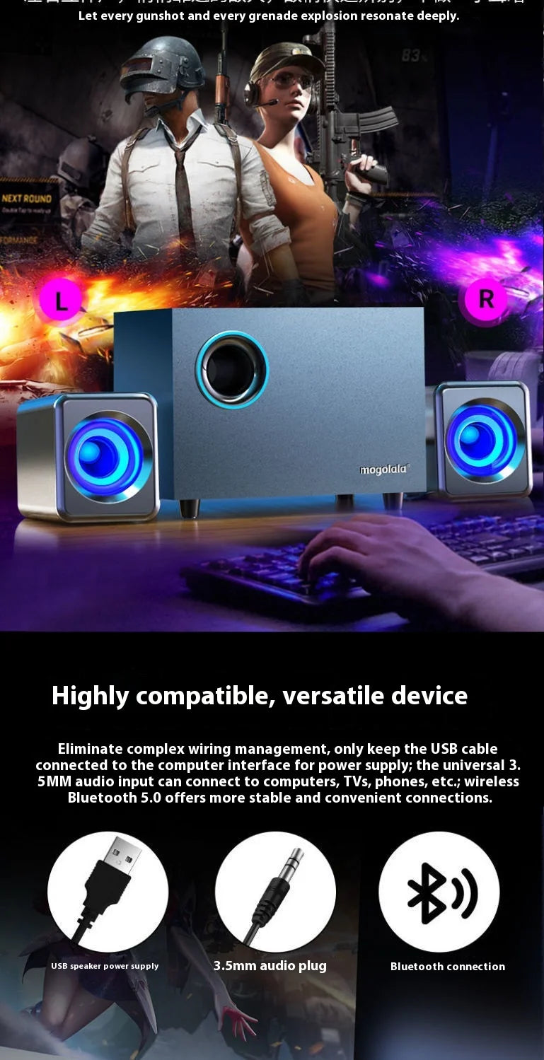 Coluna Bluetooth para Computador em Madeira — Subwoofer 3D Surround, Alto Volume e Gaming