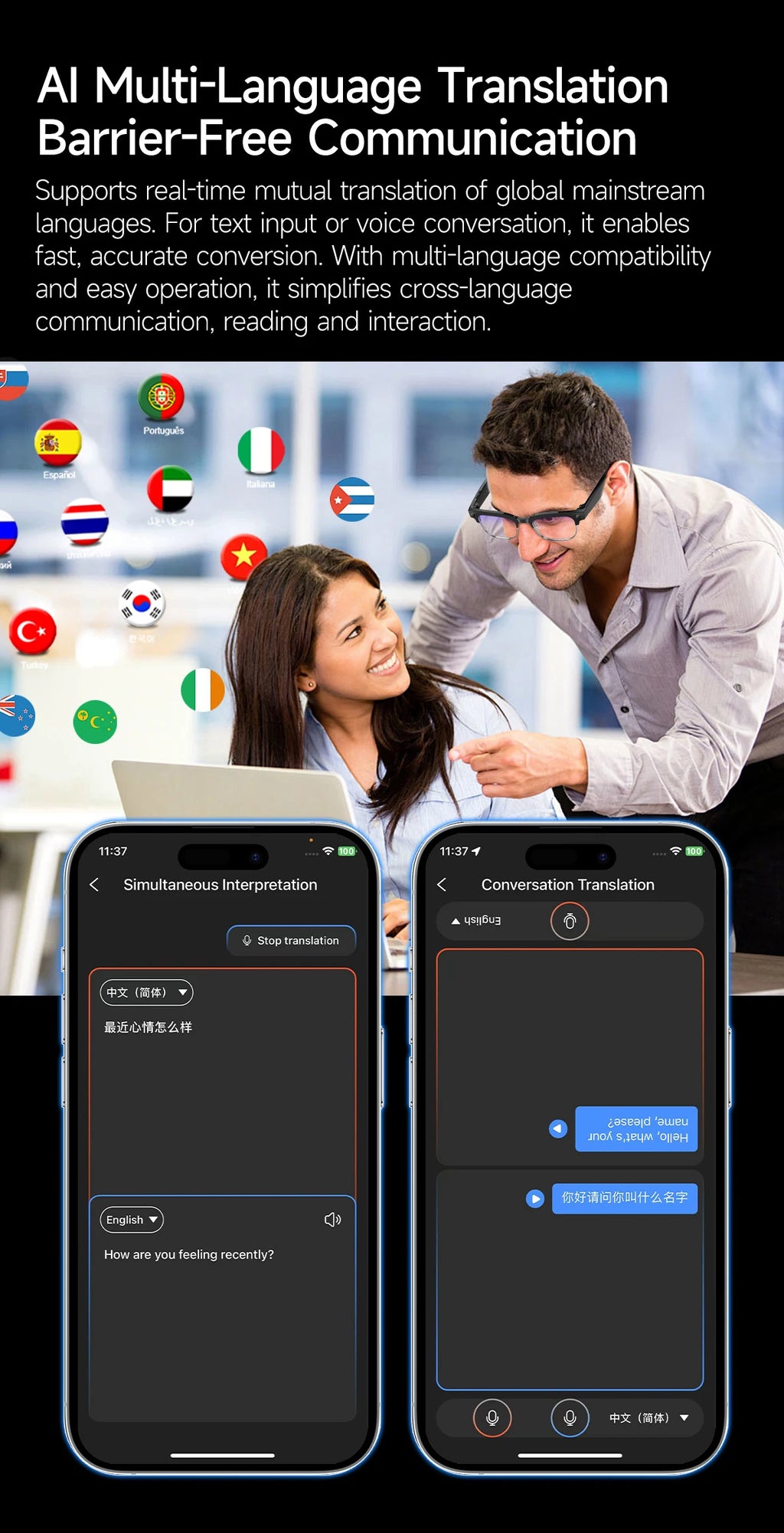 Óculos Inteligentes 2026 com Câmara 800W, IA, Bluetooth, Tradução por Voz e Gravação de Vídeo