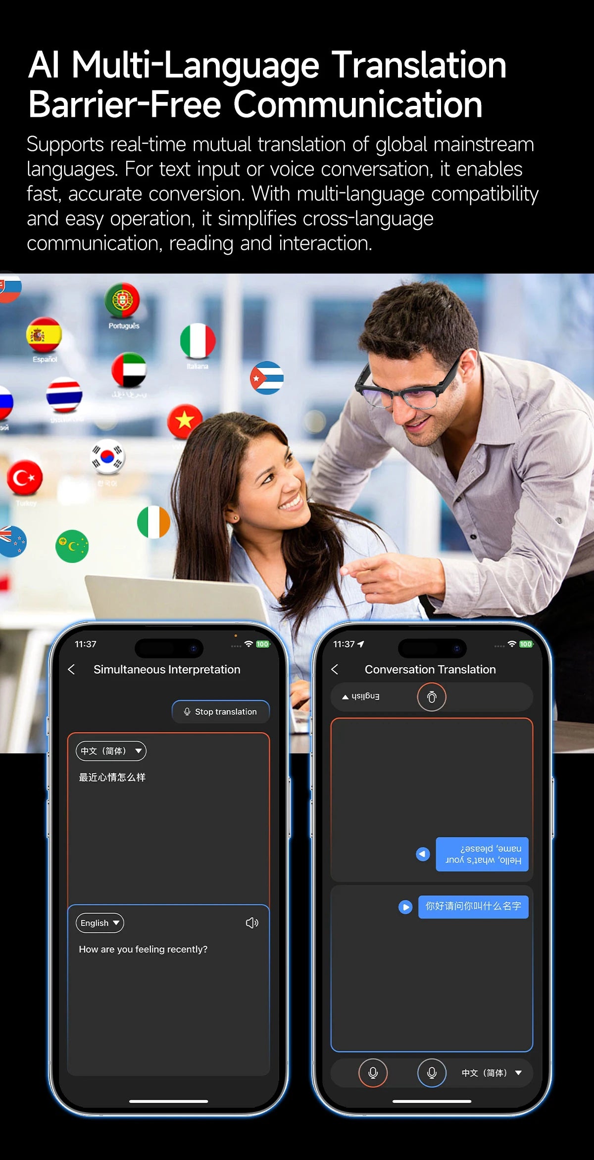 Óculos Inteligentes 2026 com Câmara 800W, IA, Bluetooth, Tradução por Voz e Gravação de Vídeo