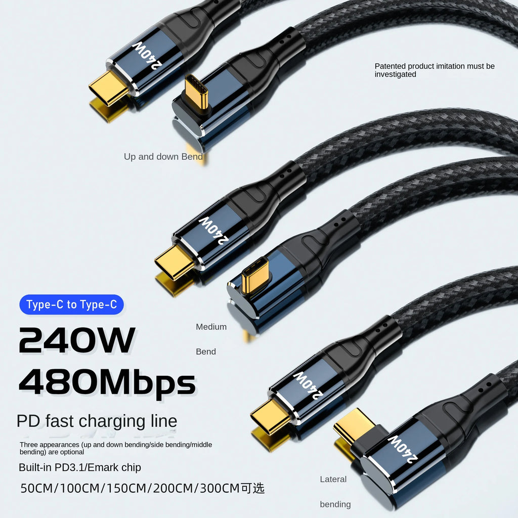 Cabo USB-C 240W em Ângulo 90° — 48V/5A Compatível com USB 2.0 (3m/10FT)
