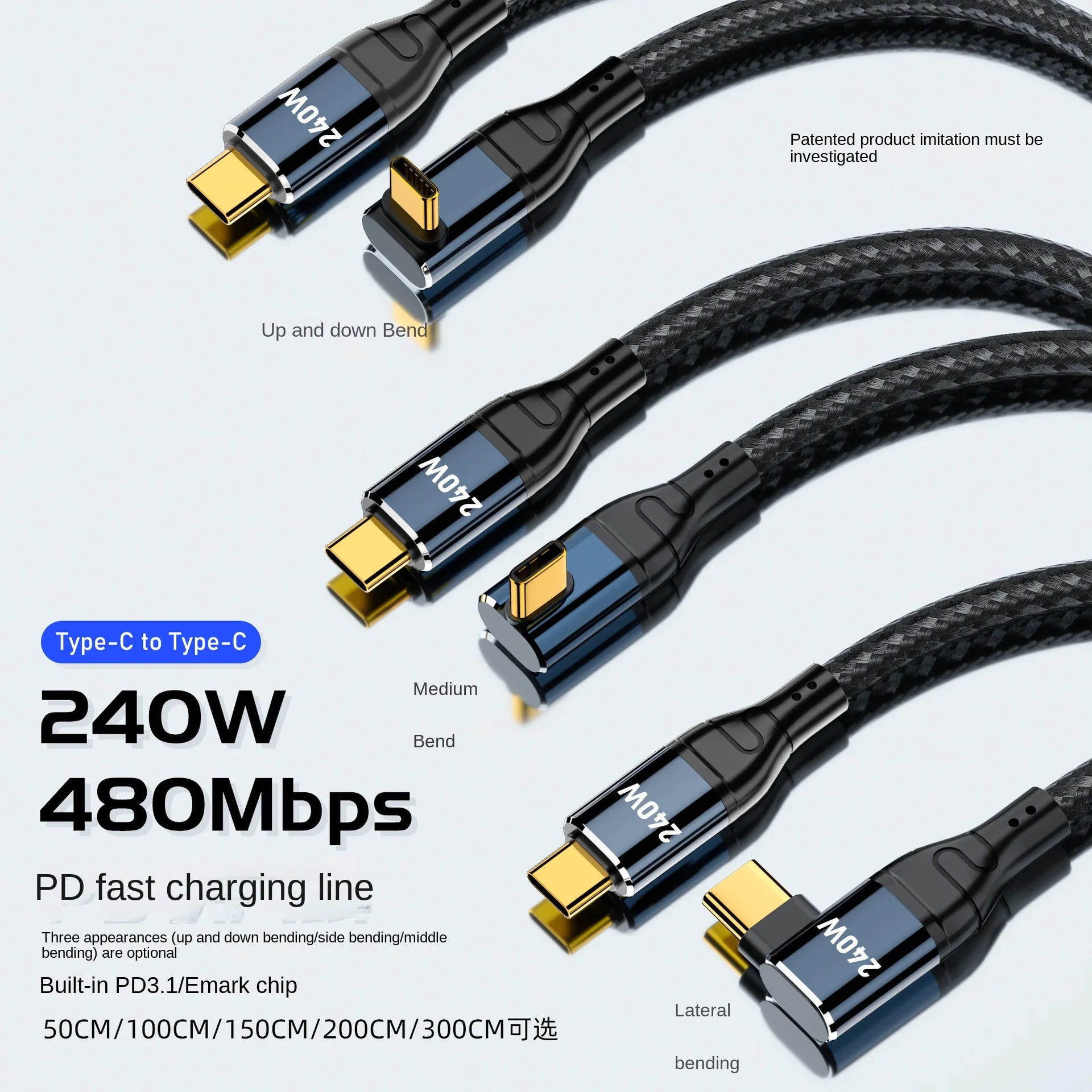 Cabo USB-C 240W em Ângulo 90° — 48V/5A Compatível com USB 2.0 (3m/10FT)