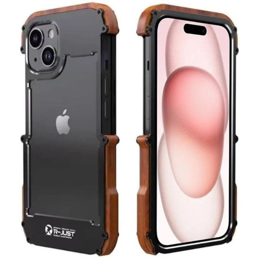 Capa Bumper Metal e Madeira para iPhone 16 15 14 13 12
