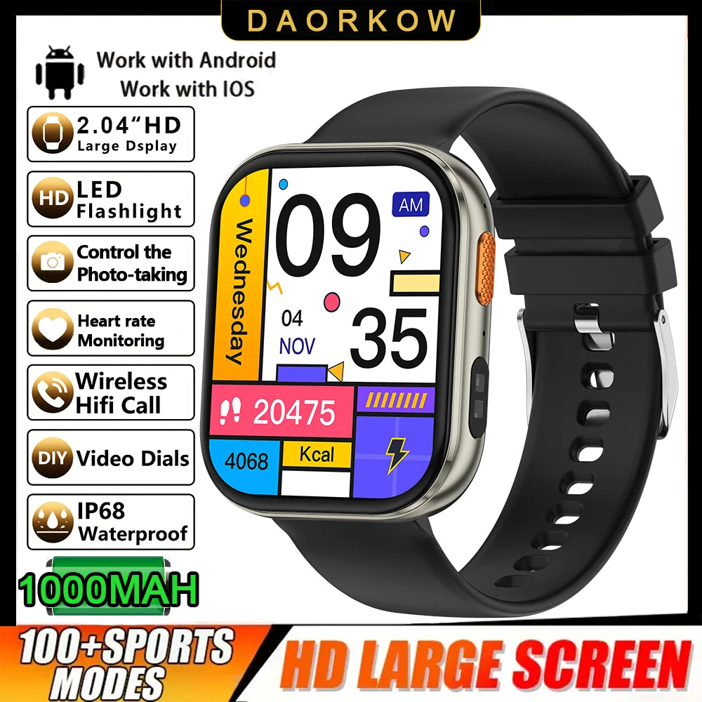 Smartwatch 2026 AMOLED 2.04'' — 1000mAh, 100+ Modos Desportivos, Chamadas Bluetooth e 3ATM