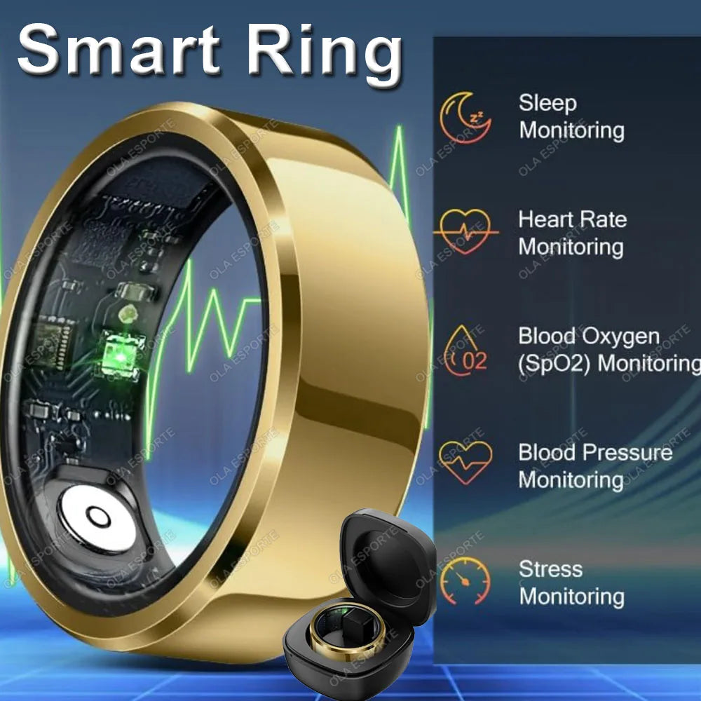 Smart Ring 2025 — Pressão Arterial, Frequência Cardíaca, Sono, IP68 e 5ATM para Homem e Mulher