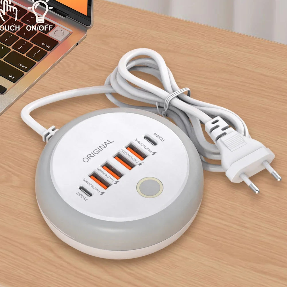 Régua de Tomadas 50W com 4 USB-A + 2 USB-C e Luz Noturna