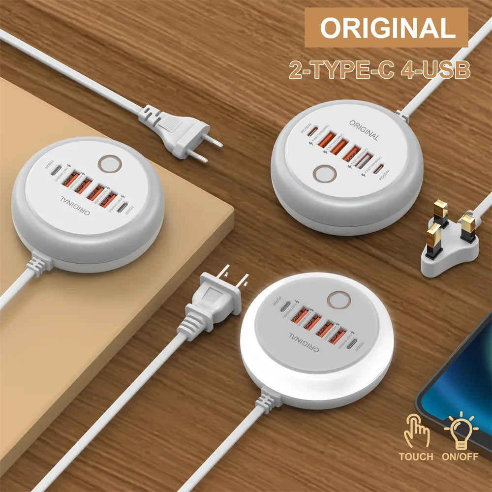 Régua de Tomadas 50W com 4 USB-A + 2 USB-C e Luz Noturna