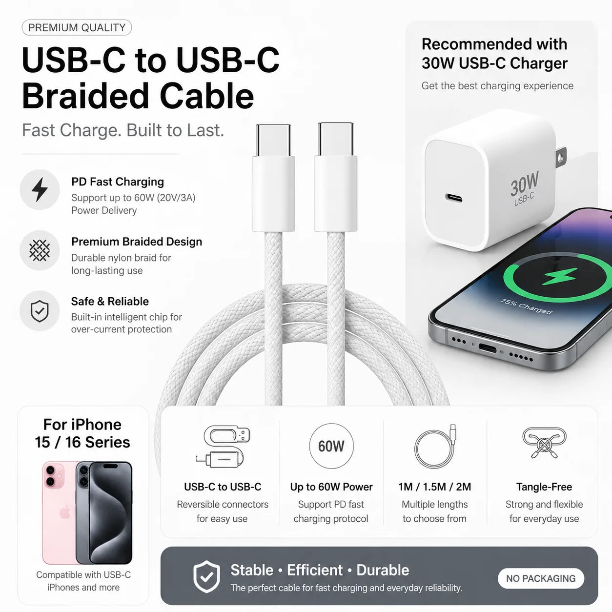 Cabo USB-C para USB-C 100W PD para iPhone 15, 16 e 17 — Nylon Trançado 1m/1.5m/2m
