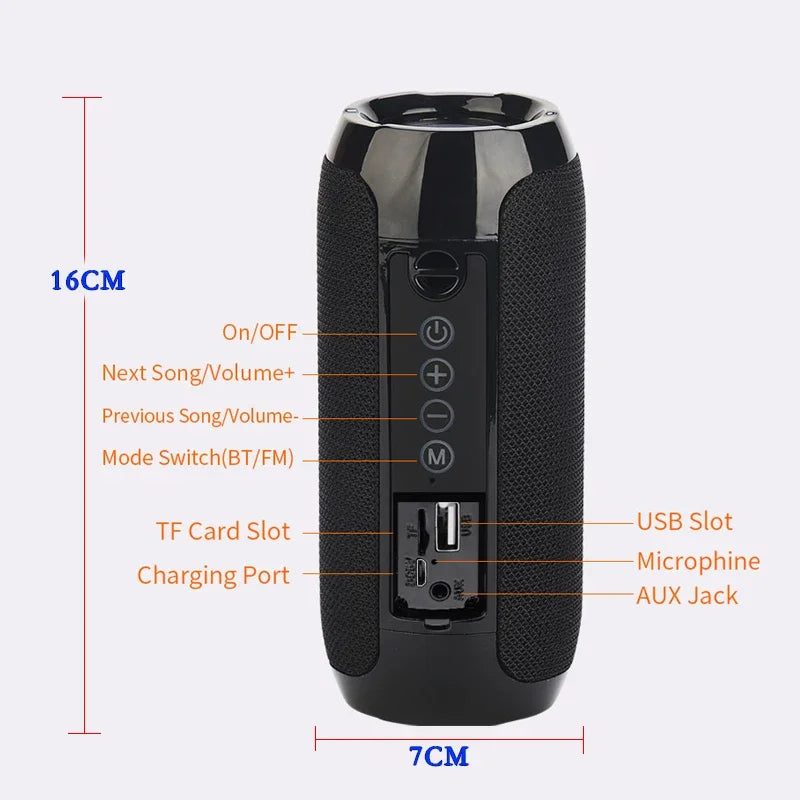 Coluna Bluetooth Portátil Subwoofer — À Prova de Água, Rádio FM e Suporte Cartão TF