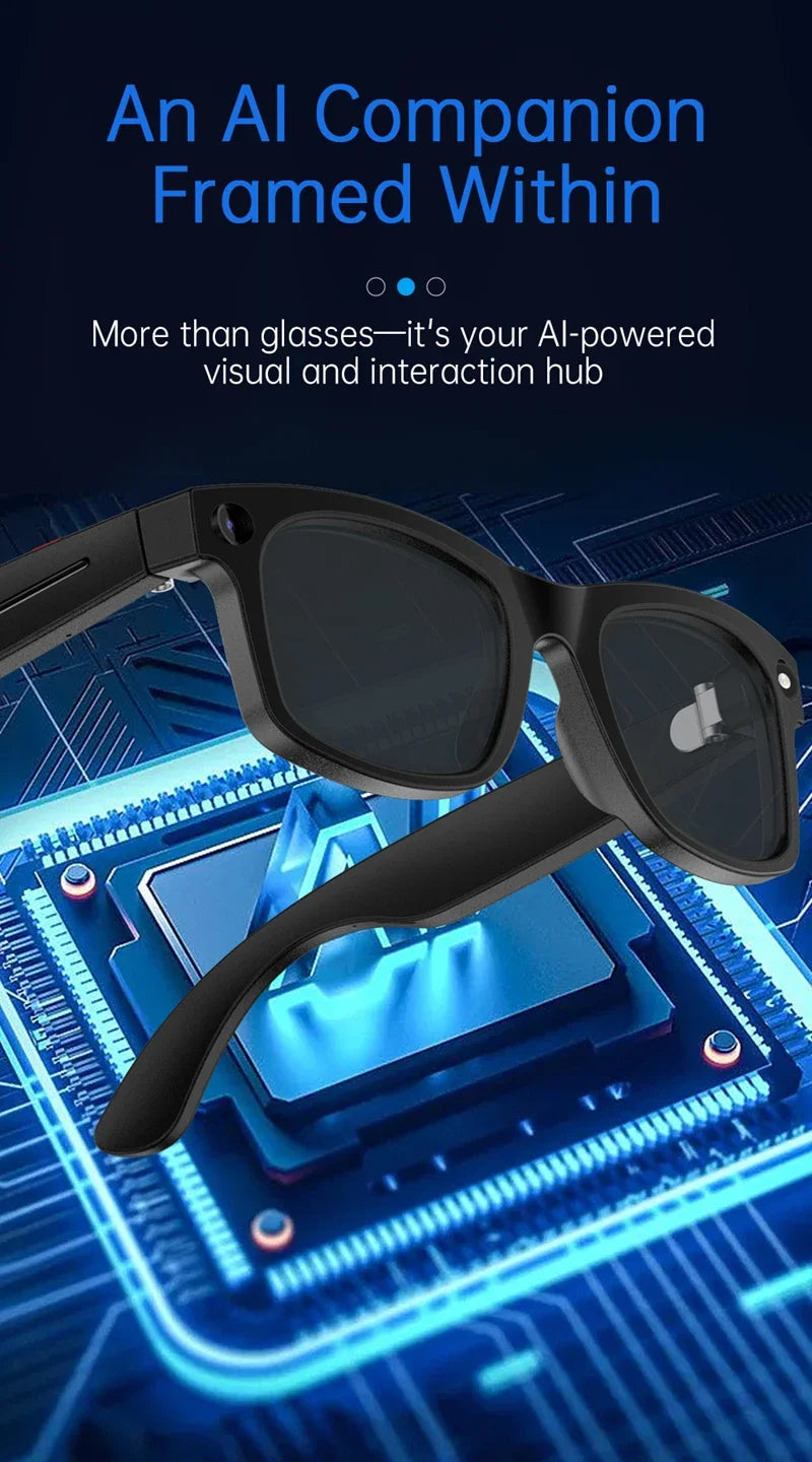Óculos Inteligentes com Tradução IA — Câmara 8MP HD, Gravação 4K, Bluetooth e Música